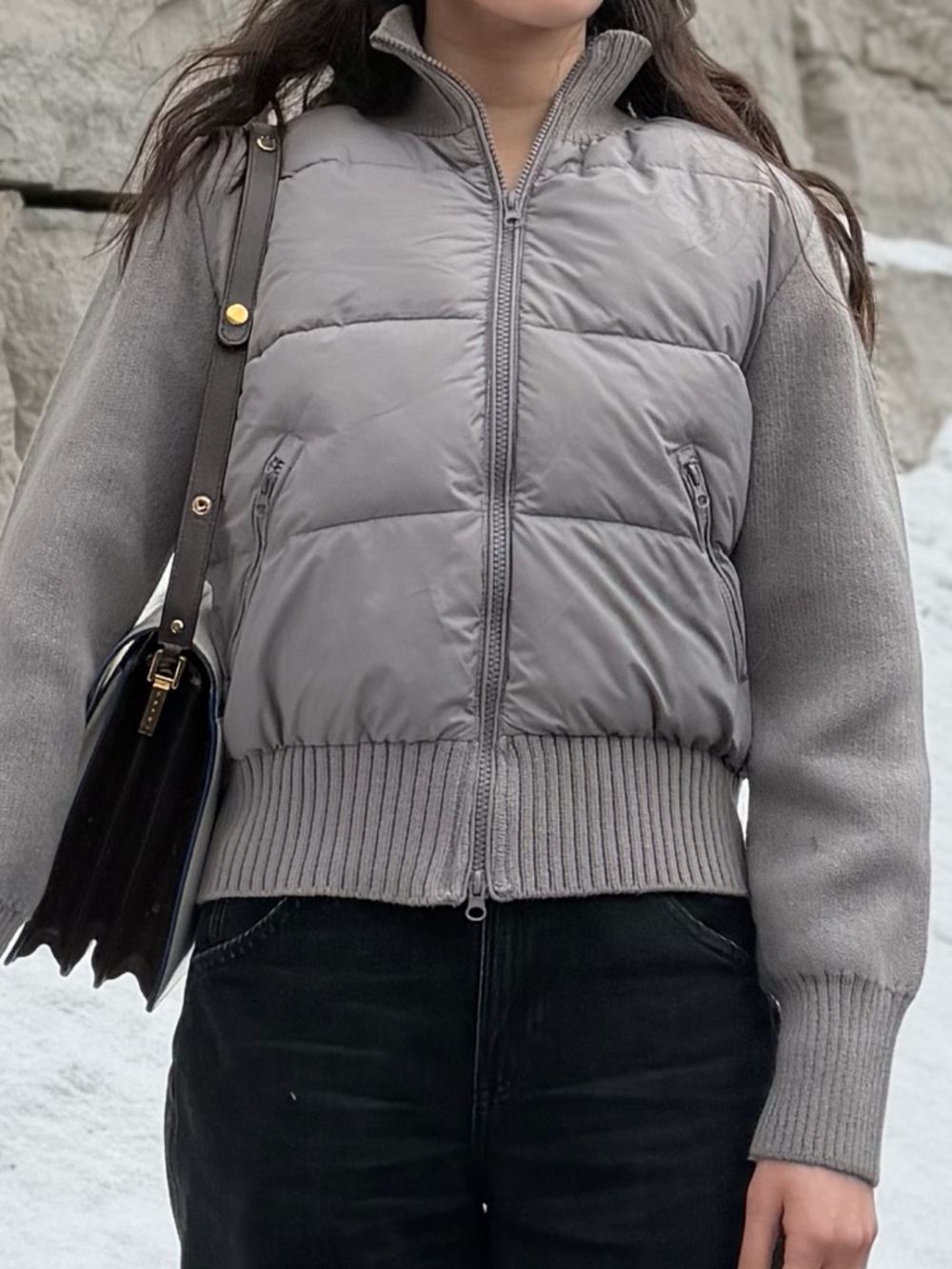 Grey Knitted Crop Puffer Jacket